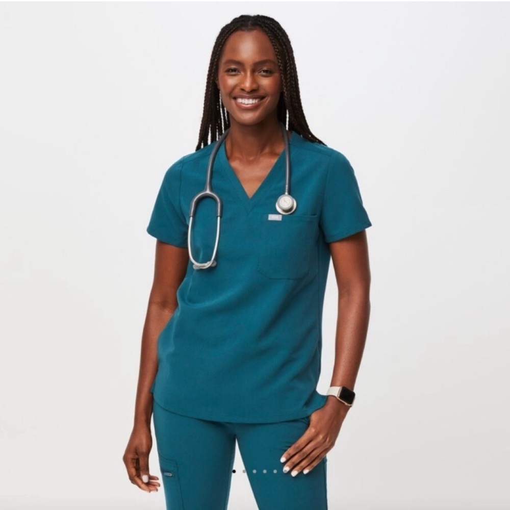 Figs Caribbean Blue Catarina Short Sleeve V-Neck Top
